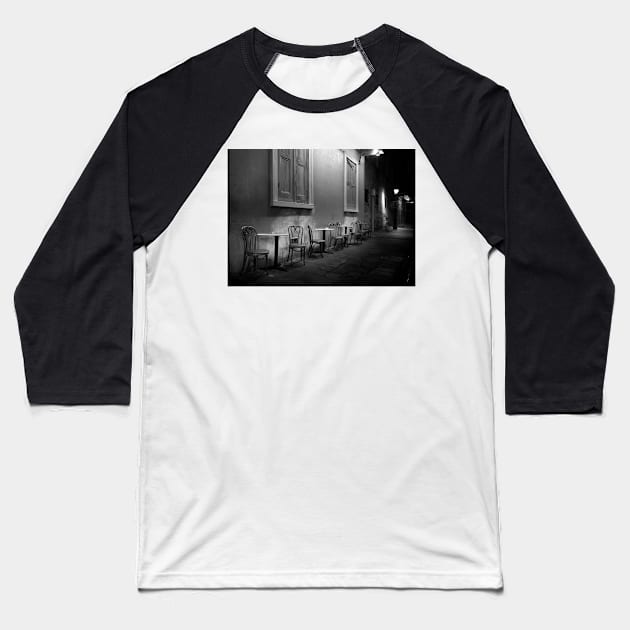 Cabildo Alley Tables In Black and White Baseball T-Shirt by MountainTravel